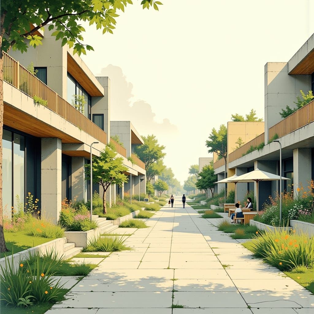 Watercolor Sketch of Eco-Friendly City Street