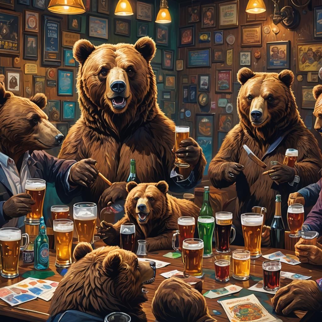 Bears Engage in Pub Quiz: Hyperrealistic Splash Art