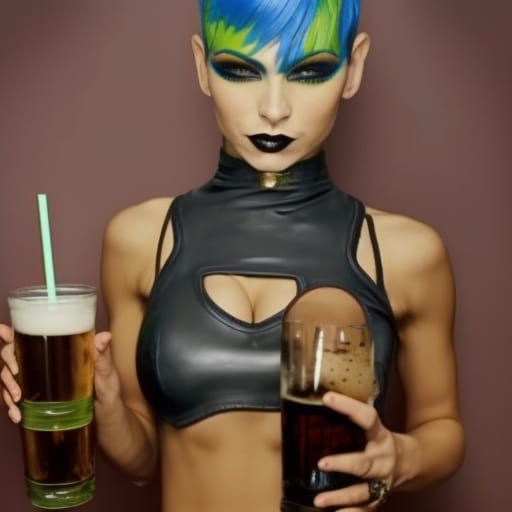 Humanoid female short pixie hair mohawk haircut Cara muscle abs large revealing mini skirt wet t-shirt d cup knockers co...