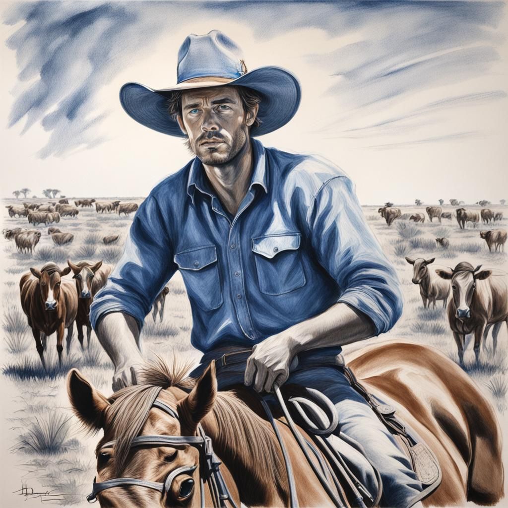 Australian Outback Cattleman: Hyperdetailed Charcoal Drawing