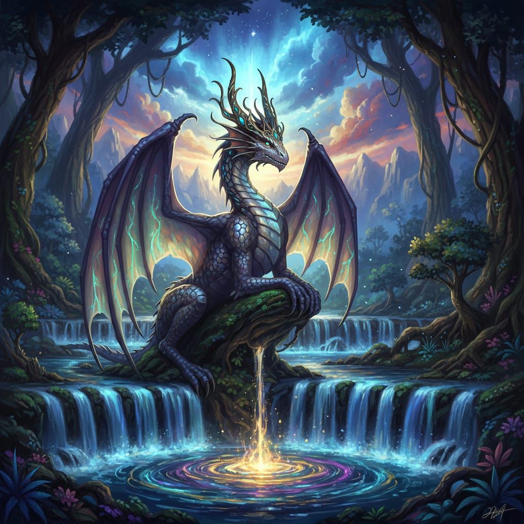 Gorgeous SheDragon with Crown by Bioluminescent Waterfall