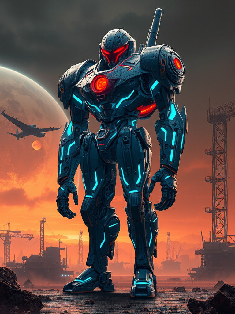 Mecha Warrior in Post-Apocalyptic Landscape