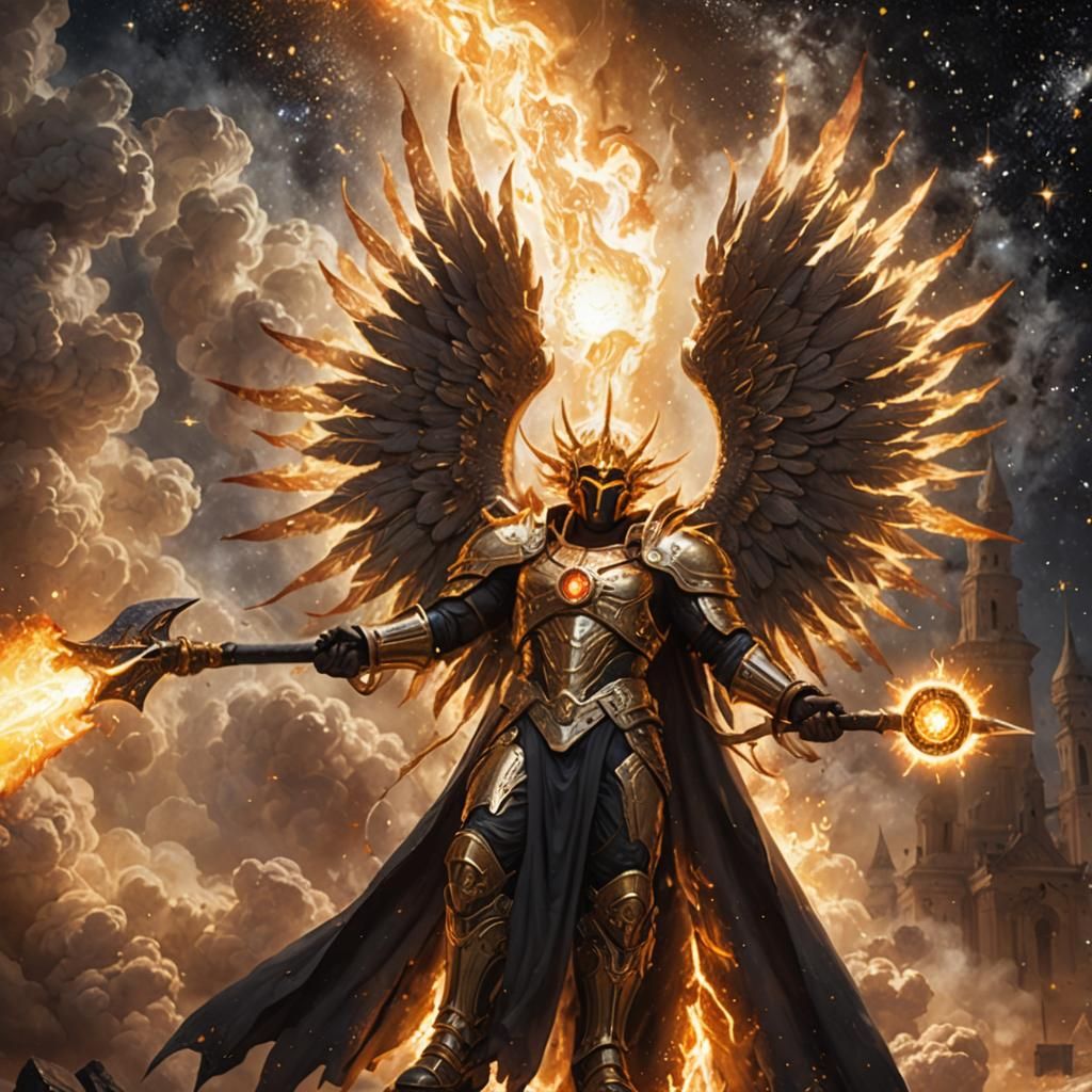 Godly Space Knight in Ebony Armor Soars Through Celestial Re...