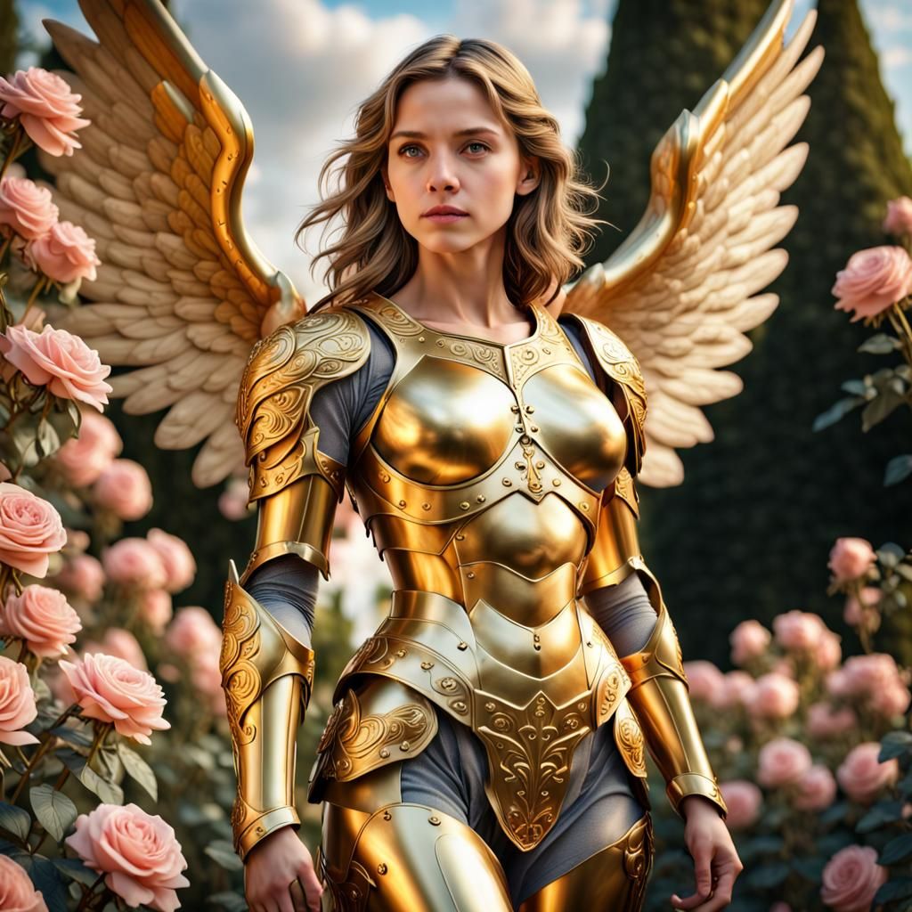 "A beautiful female angel in golden armor standing in a rose garden."