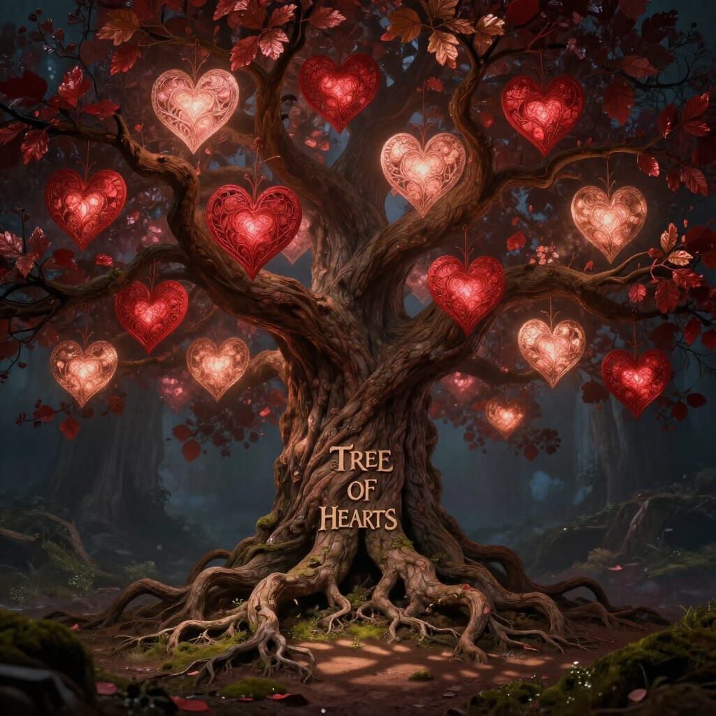 Majestic Tree of Hearts with Glowing Crimson Leaves