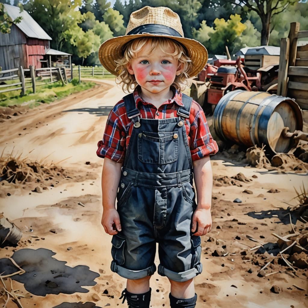 Farm Boy Portrait in Watercolor Gouache Style