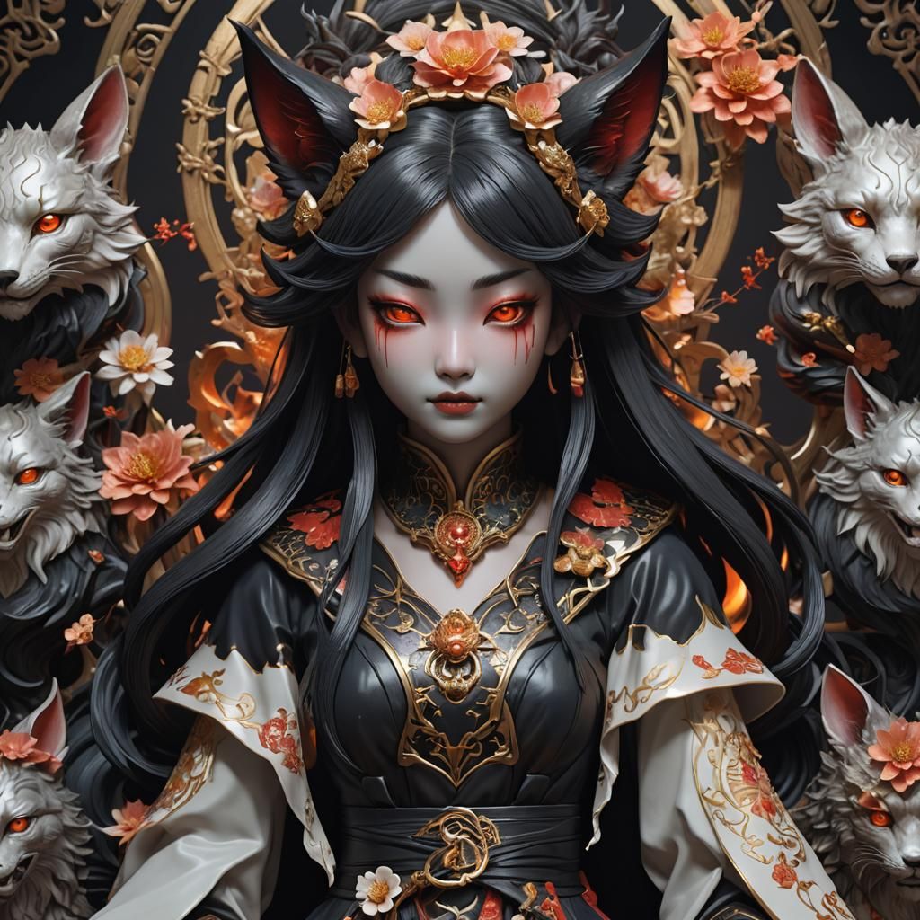 Demonic Porcelain Kitsune Doll, Detailed Digital Art