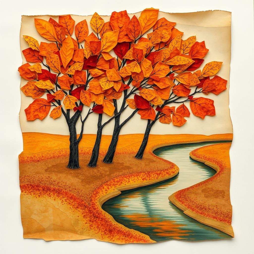 Autumn Trees by Creek in Mixed-Media Collage