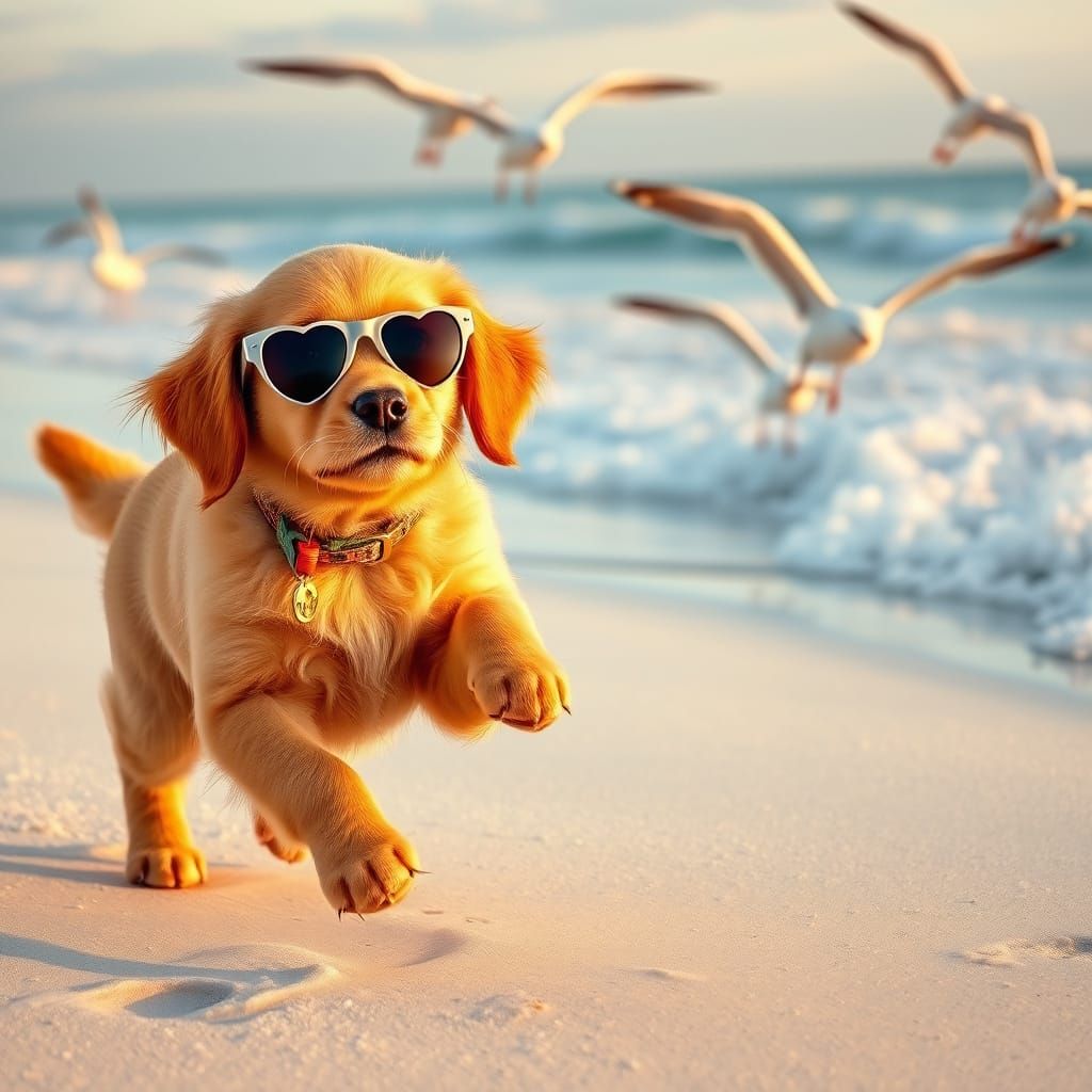 Golden Retriever Puppy Chasing Seagulls on Sunset Beach