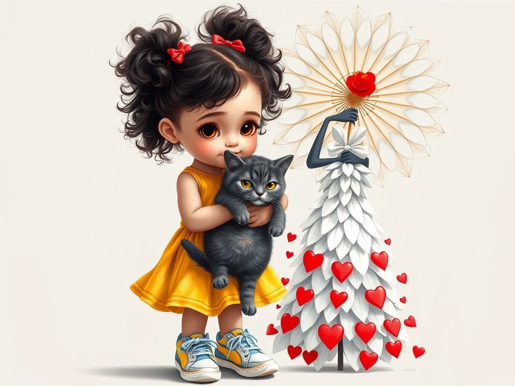 Whimsical Girl and Cat in Dreamy Landscape