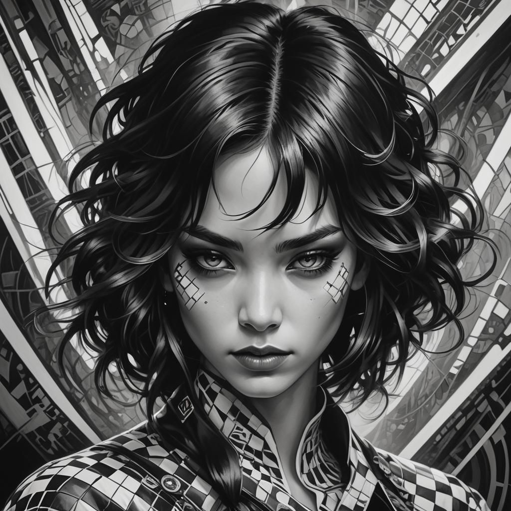 Eerie Portrait in Black and White Art Nouveau Style