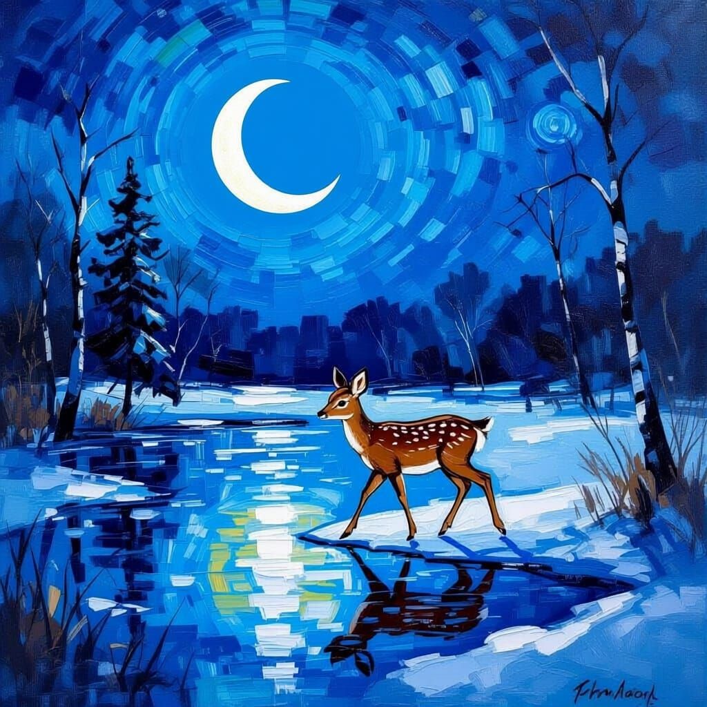 Tiny Deer Crosses Icy Pond Under Moonlight in Neo-Impression...