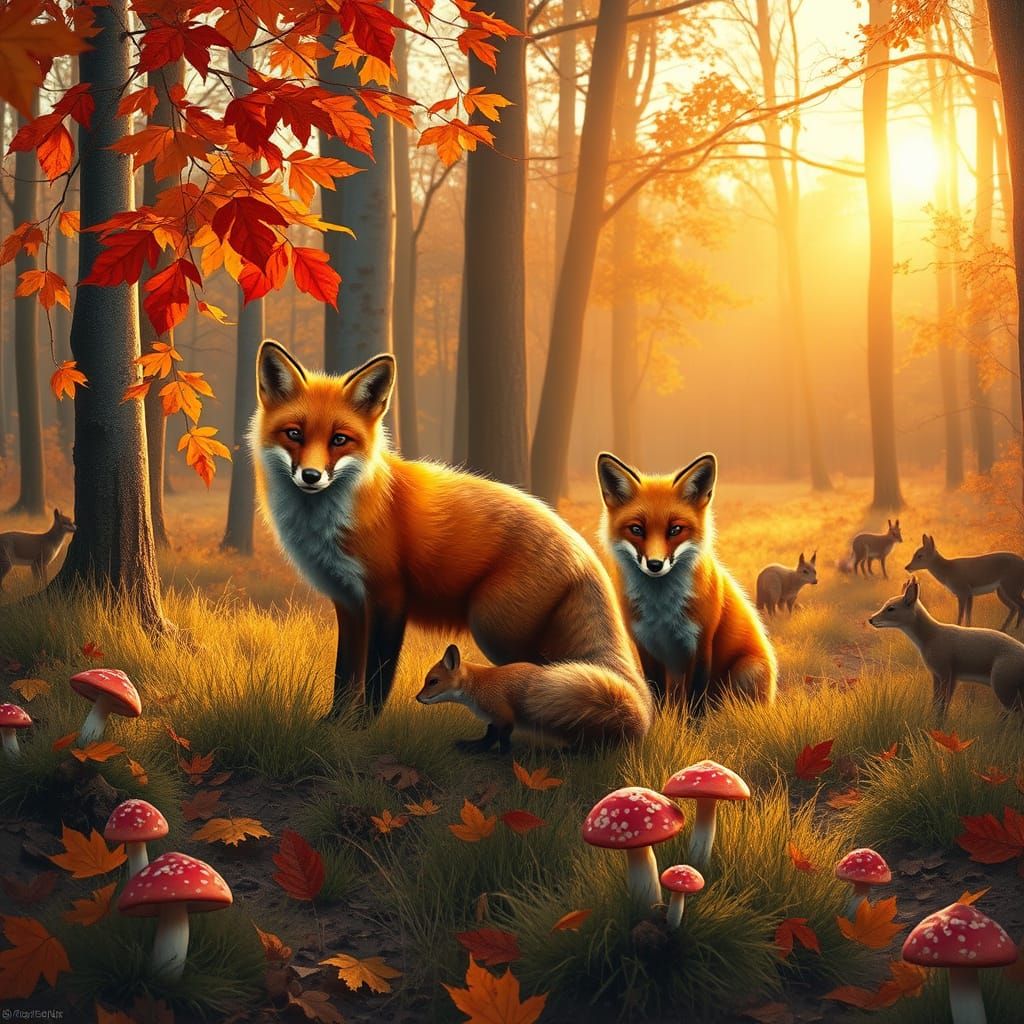 Foxes in Golden Hour Autumn Woodland Scene
