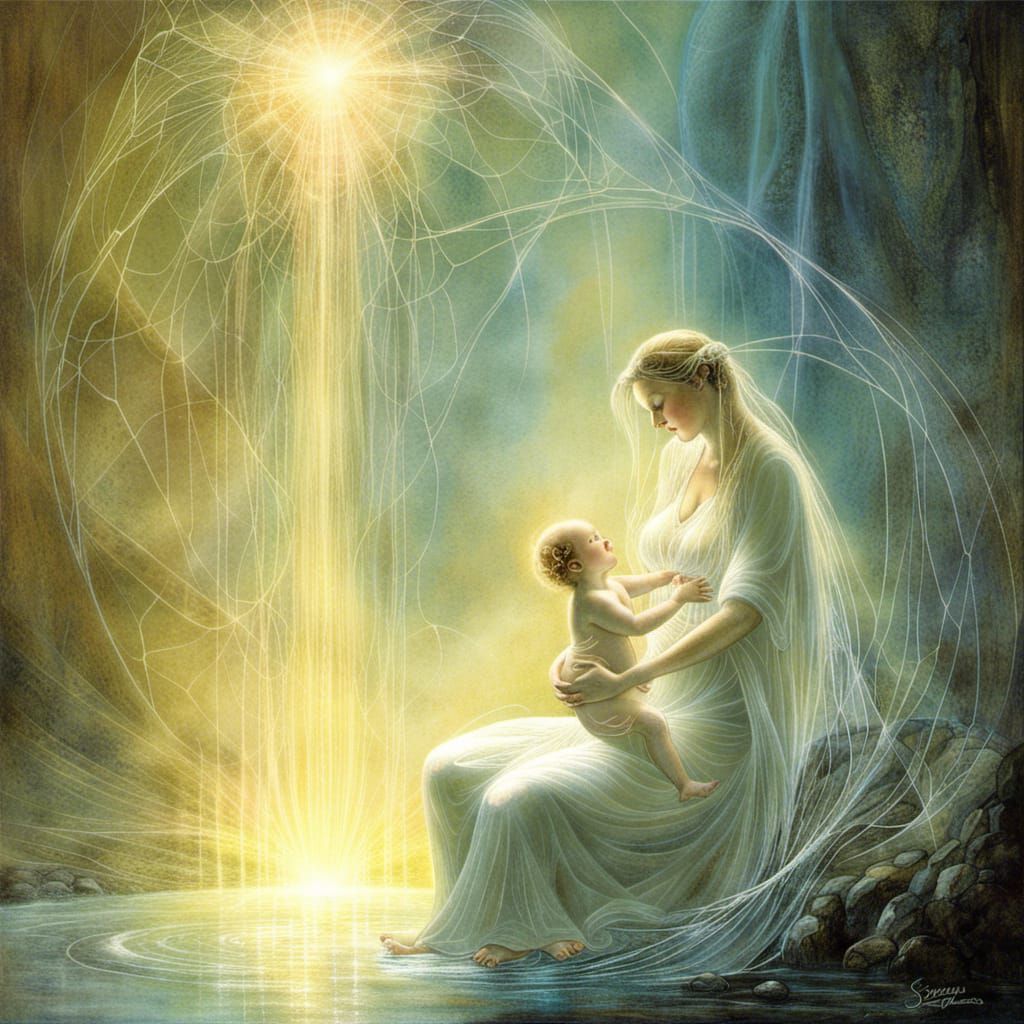 Pixie Mother and Child in Fractal Light, 3D Digital Art