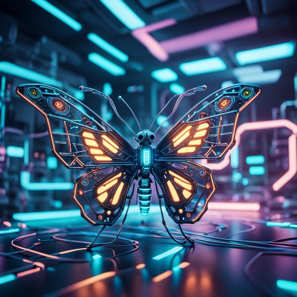 Butterfly Cyborg in Bioluminescent Neon Art Style
