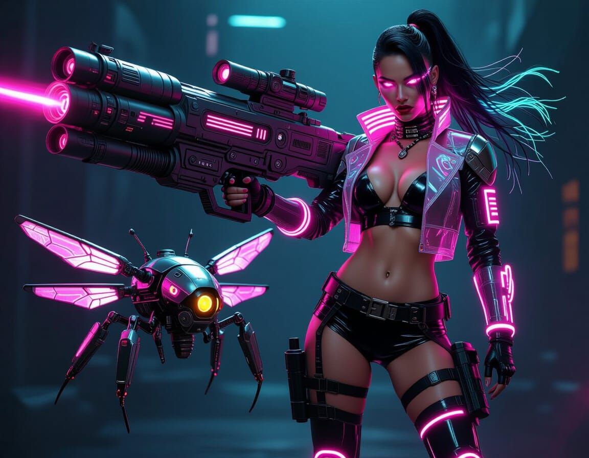 Cyberpunk Enforcer with Sci-Fi Cannon and Drone