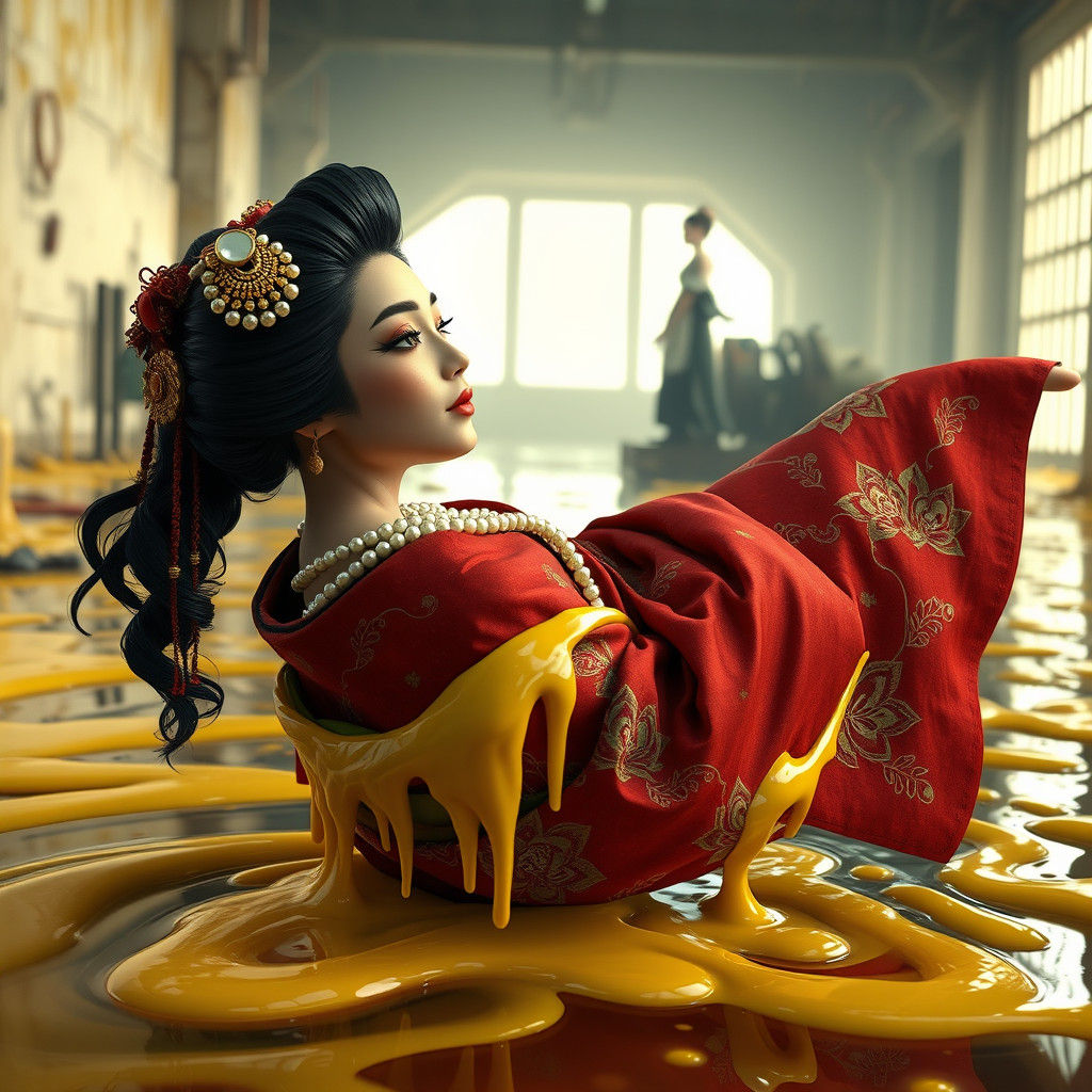 Vedic Geisha in Yellow Slime: Pixar-Inspired Digital Art