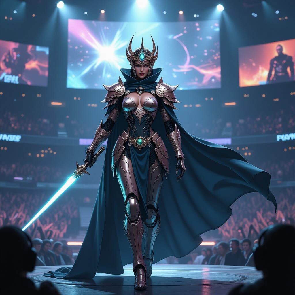 Cyborg Queen Commands Futuristic Arena in Sci-Fi Art