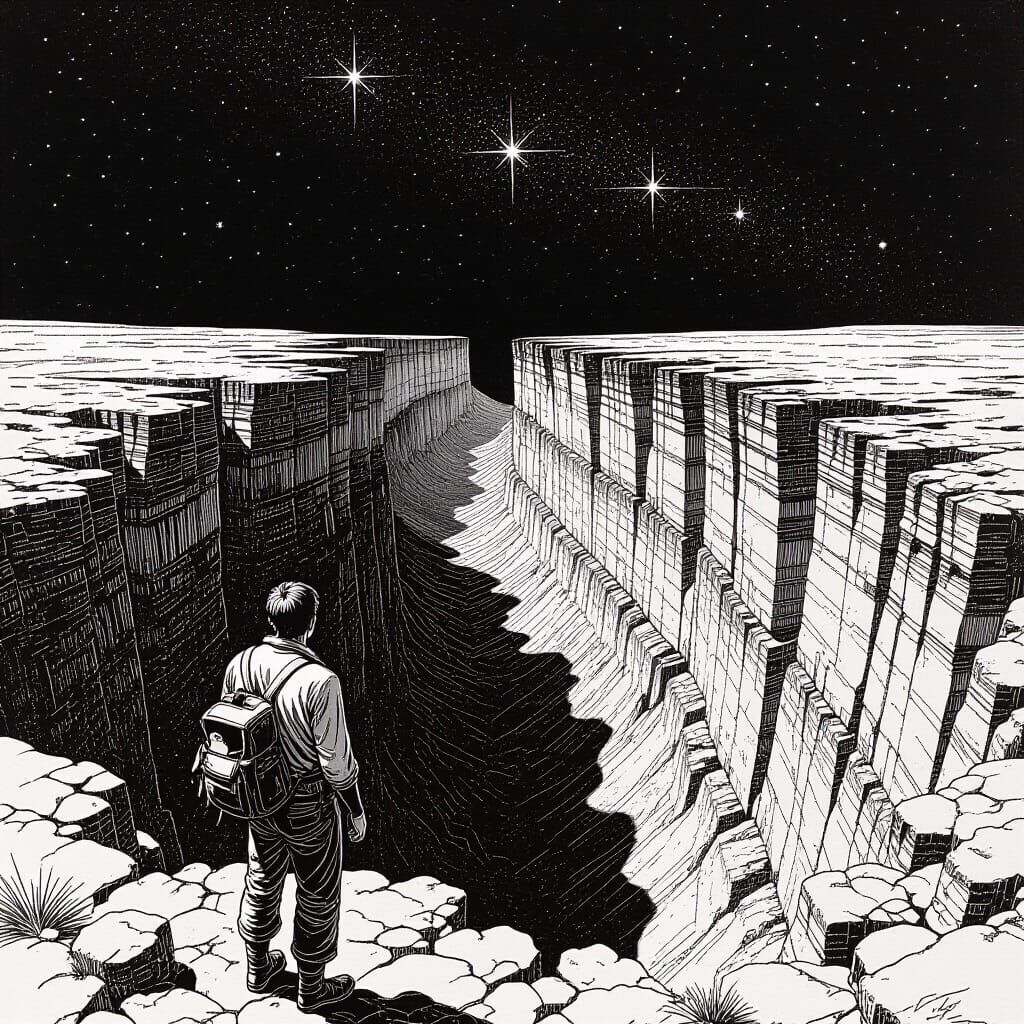 Traveler Gazing at Starry Sky in Surreal Landscape