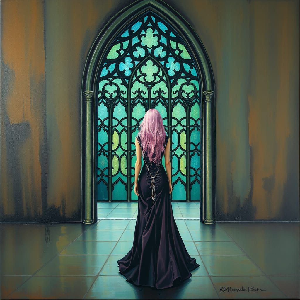 Gothic Woman Enters Surreal Stained Glass Building