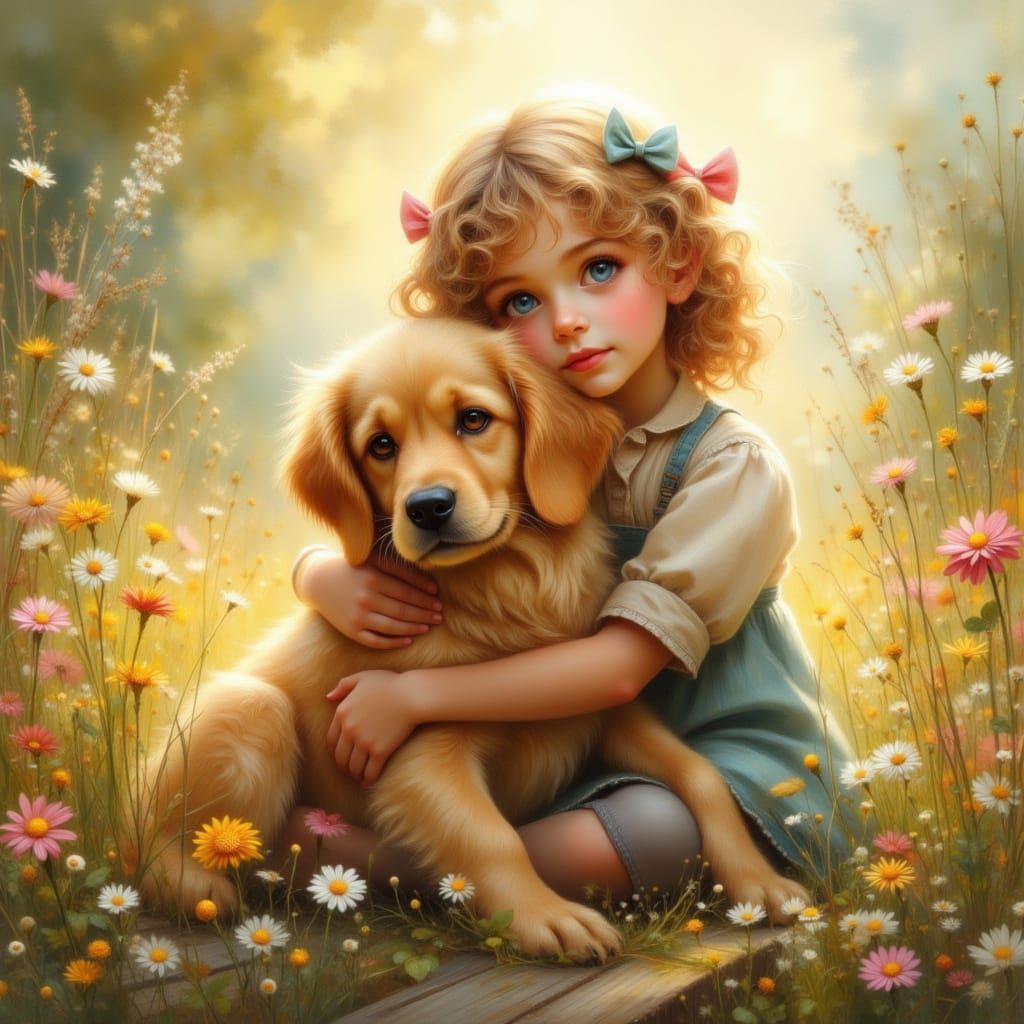 Girl and Dog in Meadow, Painterly Digital Art