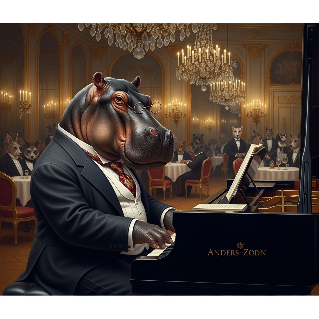Hippopotamus Composing Symphony as Classic Oil Painting