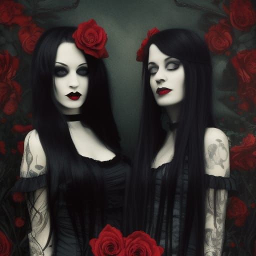 Twins, women, long black hair, gothic, surrounded by roses, emilie autumn