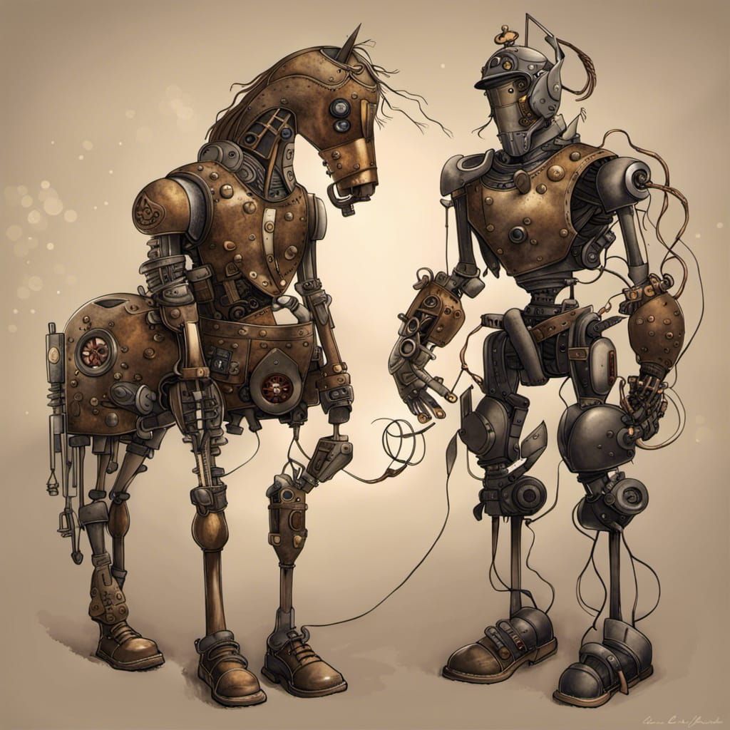Steampunk Anime Fantasy: Mismatched Robot Pair