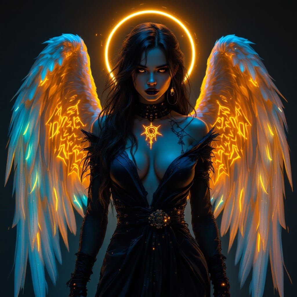 Seductive Goth Angel with Azure Wings and Neon Halo