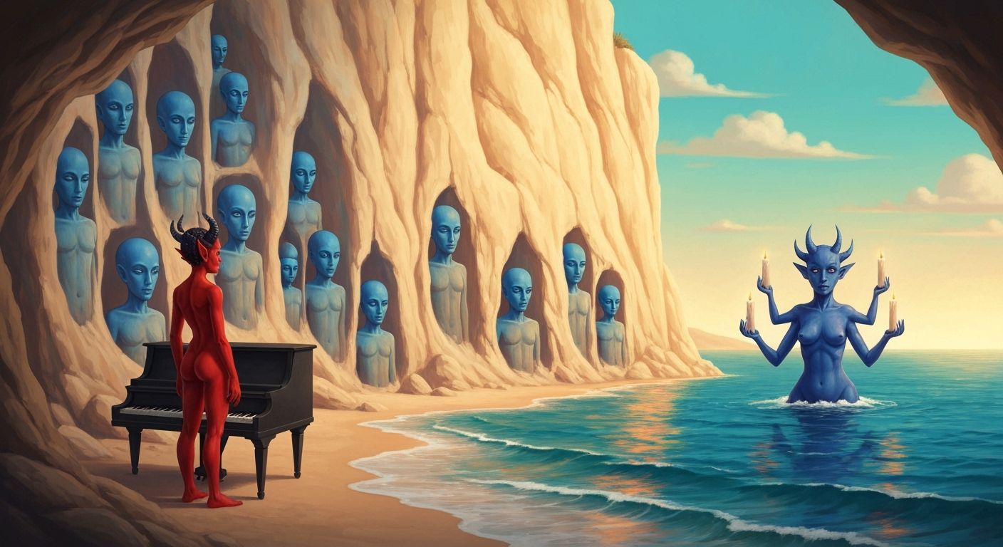 Demons and Alien Statues: Surreal Beach Scene