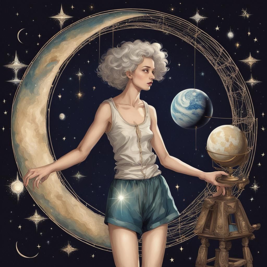 Celestial Moon Goddess Discussing Universe with Astronomer