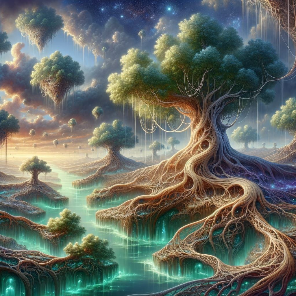 Surreal Landscape with Sentient Trees and Floating Islands