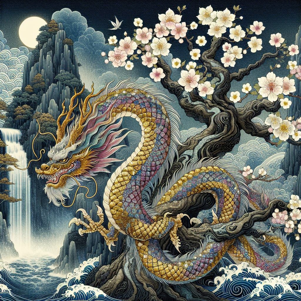 Iridescent Oriental Dragon in Japanese Watercolor Style