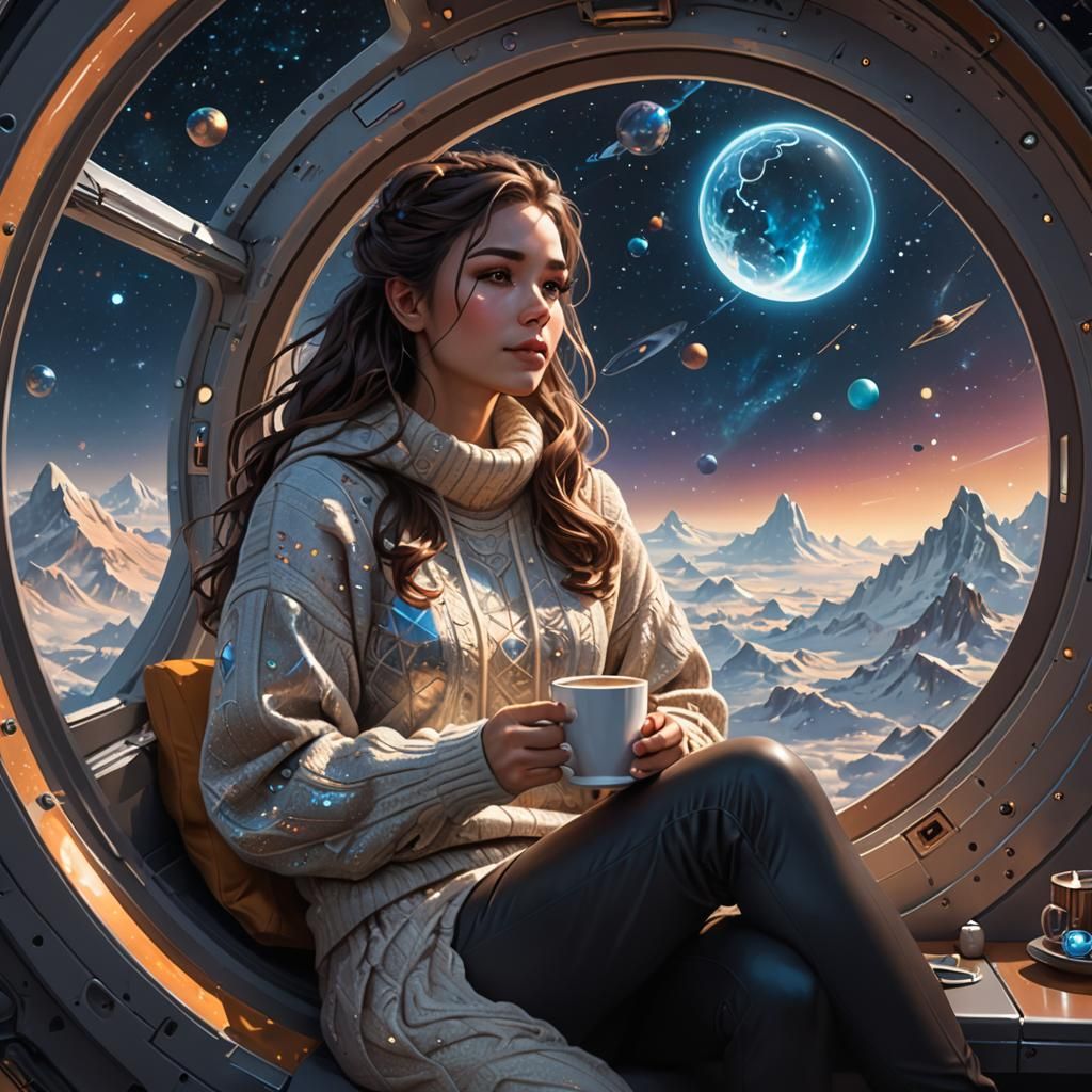 Woman in Spaceship Window, Hyperdetailed Portrait
