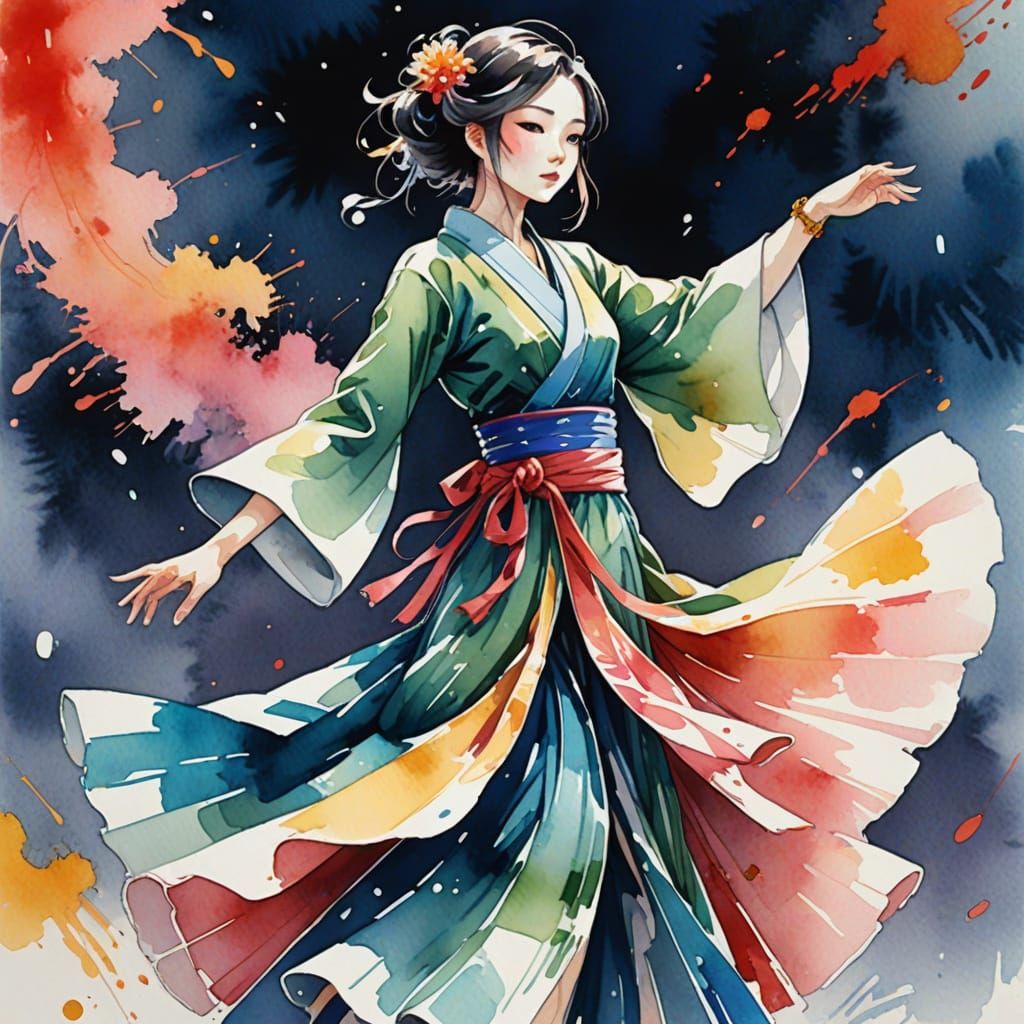 Vibrant Anime Dancer in a Whirling Dress