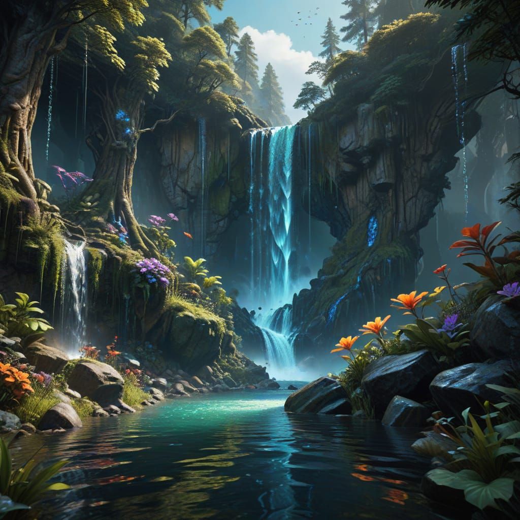 Hyperrealistic Lake Scene with Majestic Waterfall and Lush F...