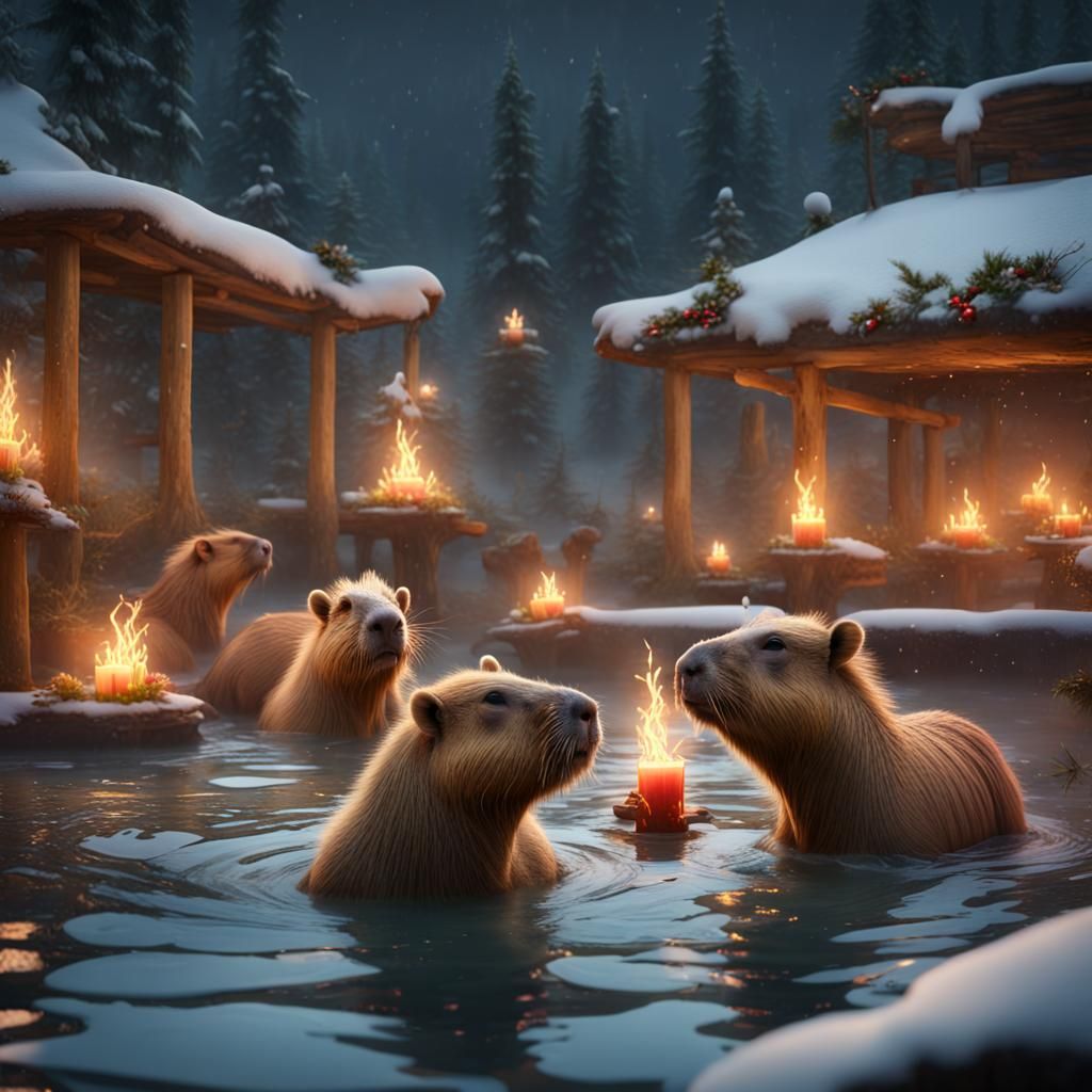 Capybaras Celebrate Christmas in Hot Spring