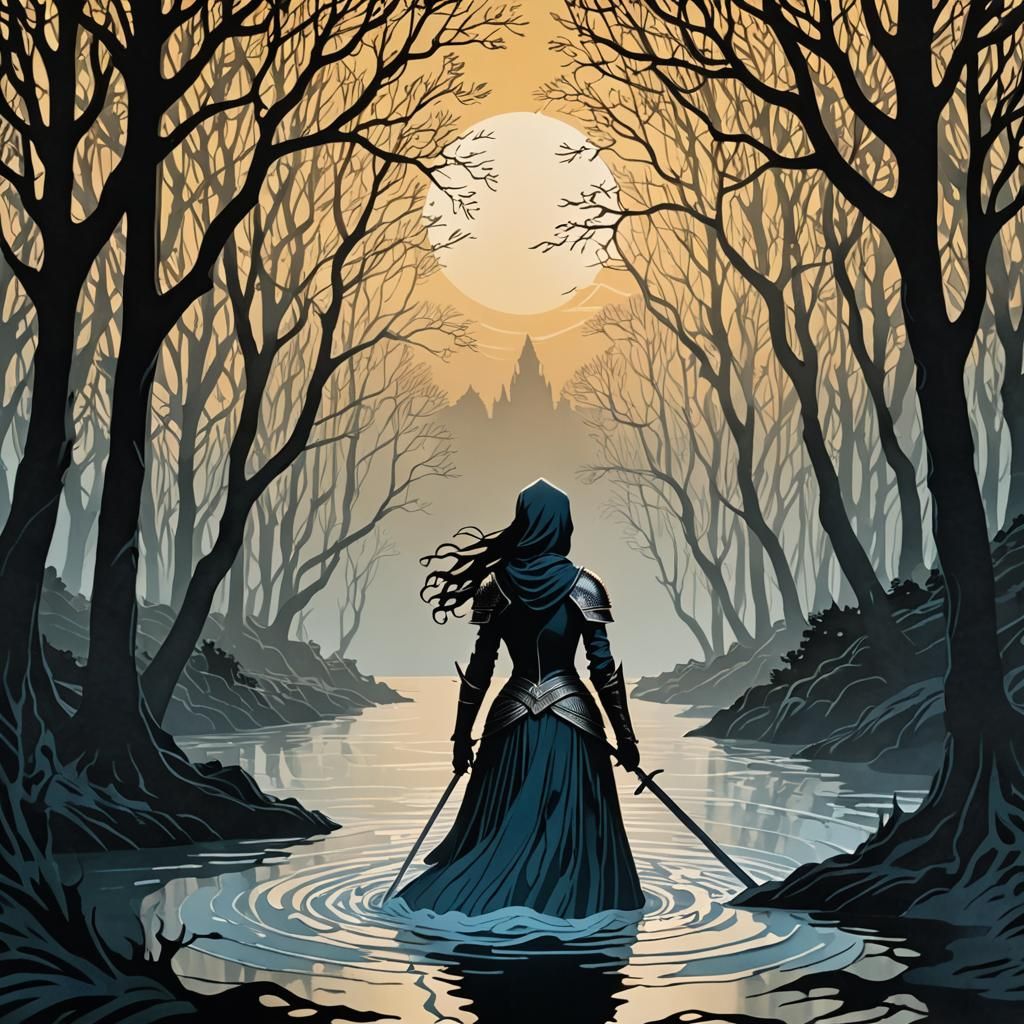 Woman Knight at Turbulent Lake: Papercut Art