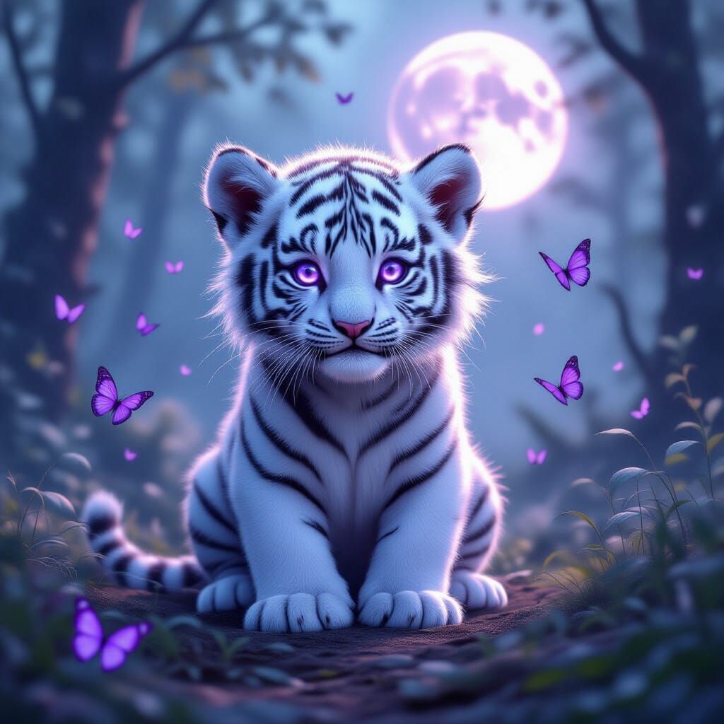 Tiger Cub Under Purple Moon in Misty Forest