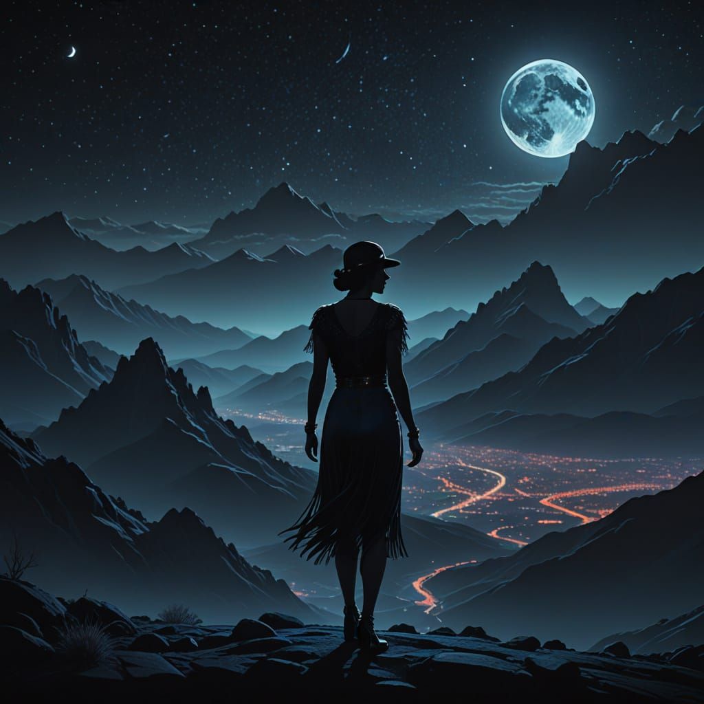 Flapper Girl Silhouette in Moonlit Speakeasy Landscape