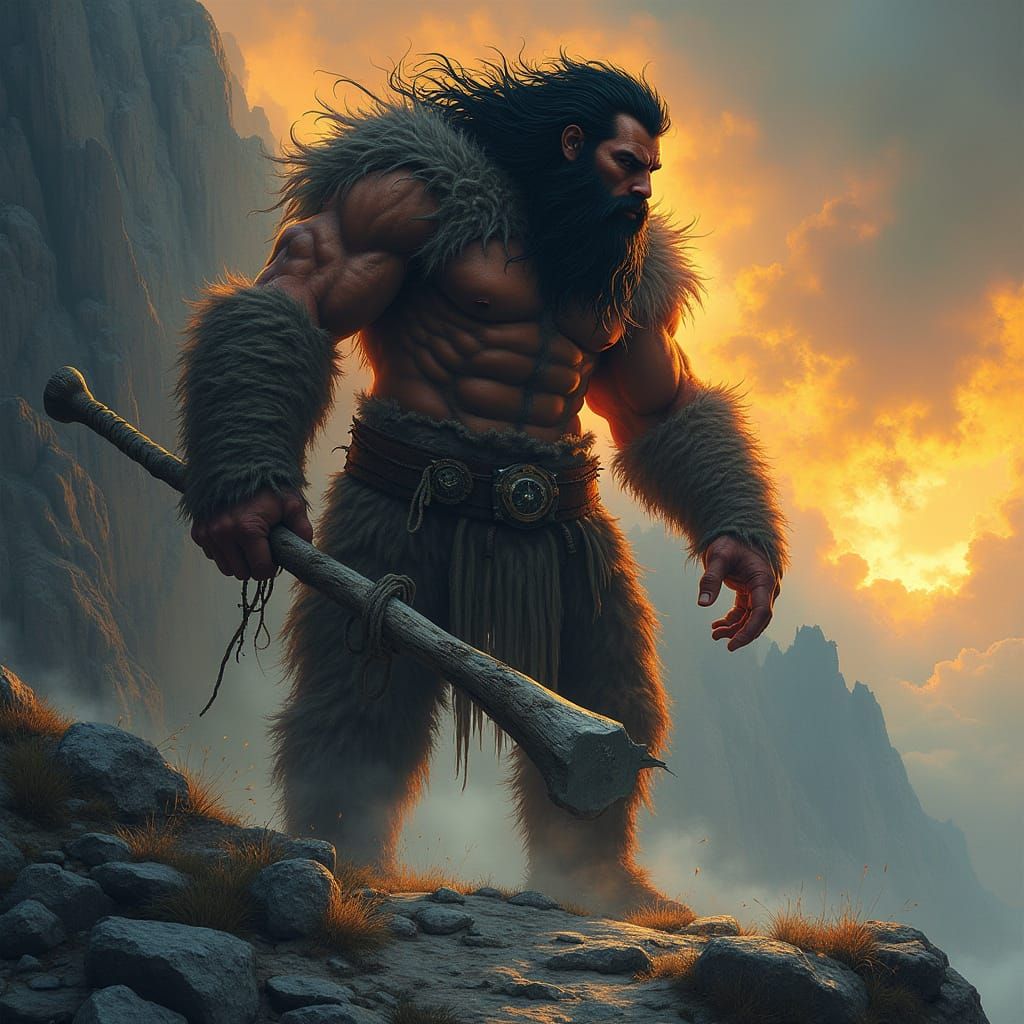 Mighty Mountain Giant Stands at Cliff's Edge, Fierce and Wil...