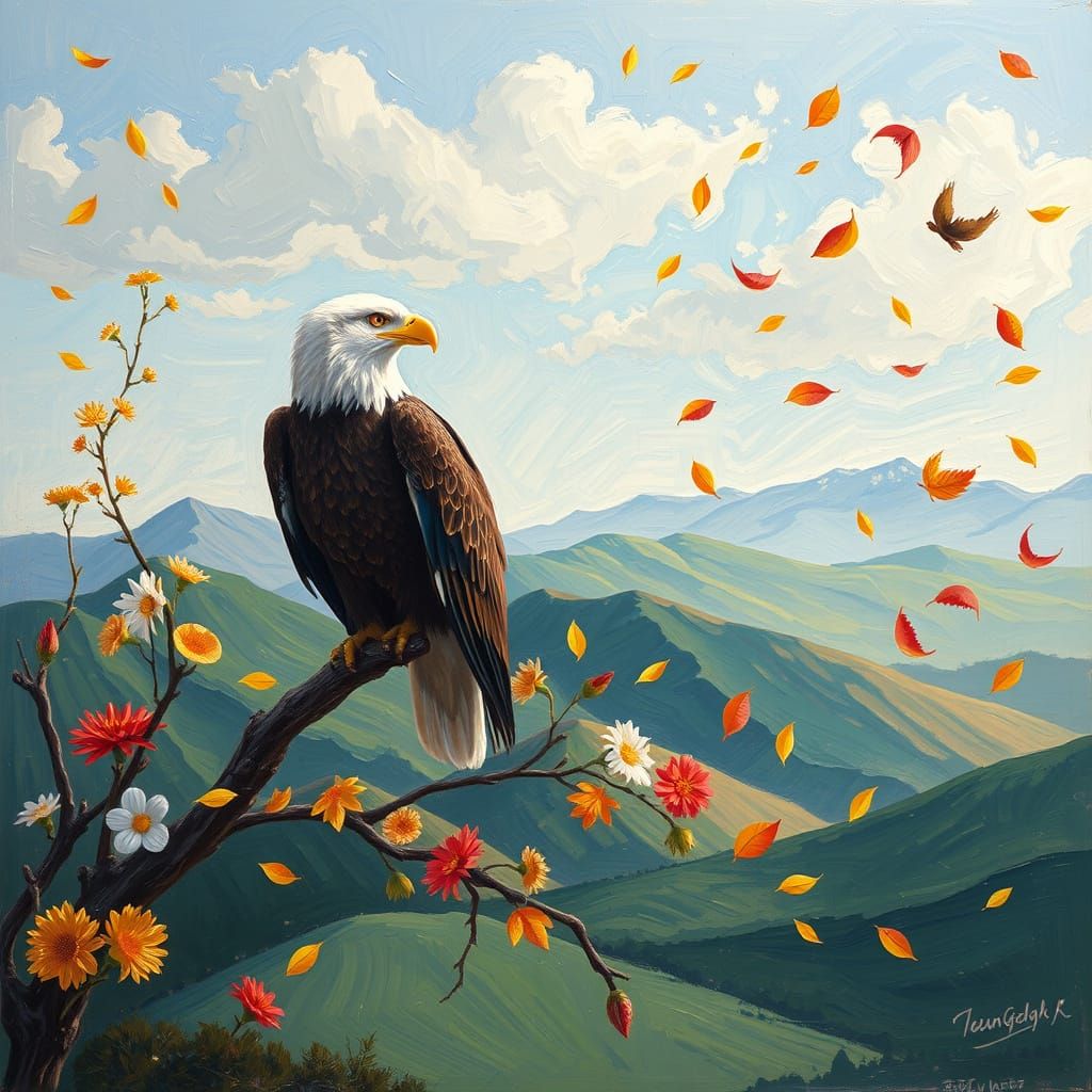 Majestic Eagle in Impressionist Floral Landscape
