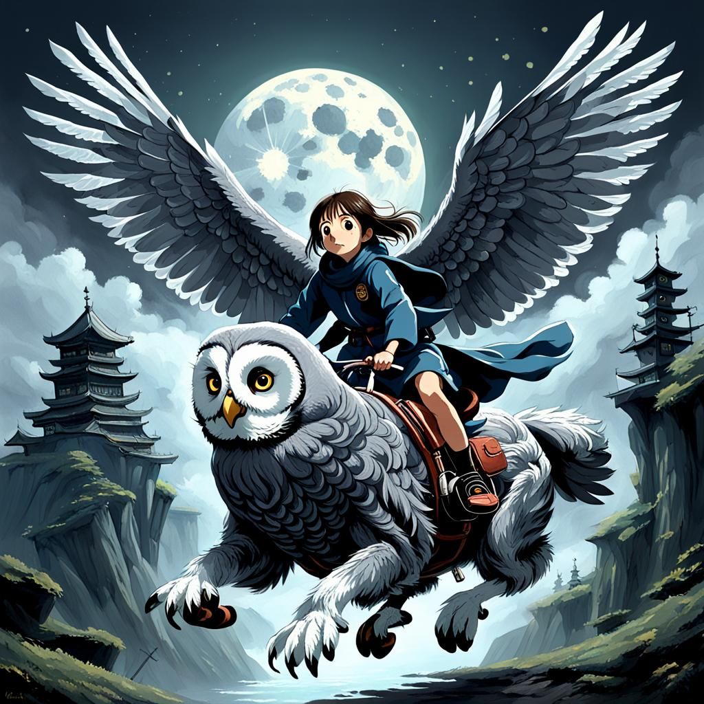 Wisp Riders on Great Grey Owl, Spirited Away Style