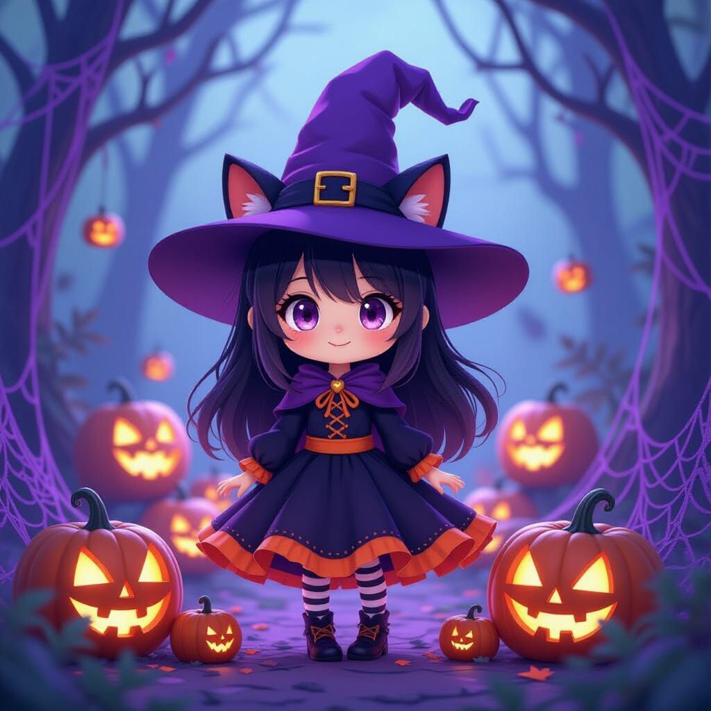 Cute Witch with Cat Ears and Heart Pumpkins in Anime Style