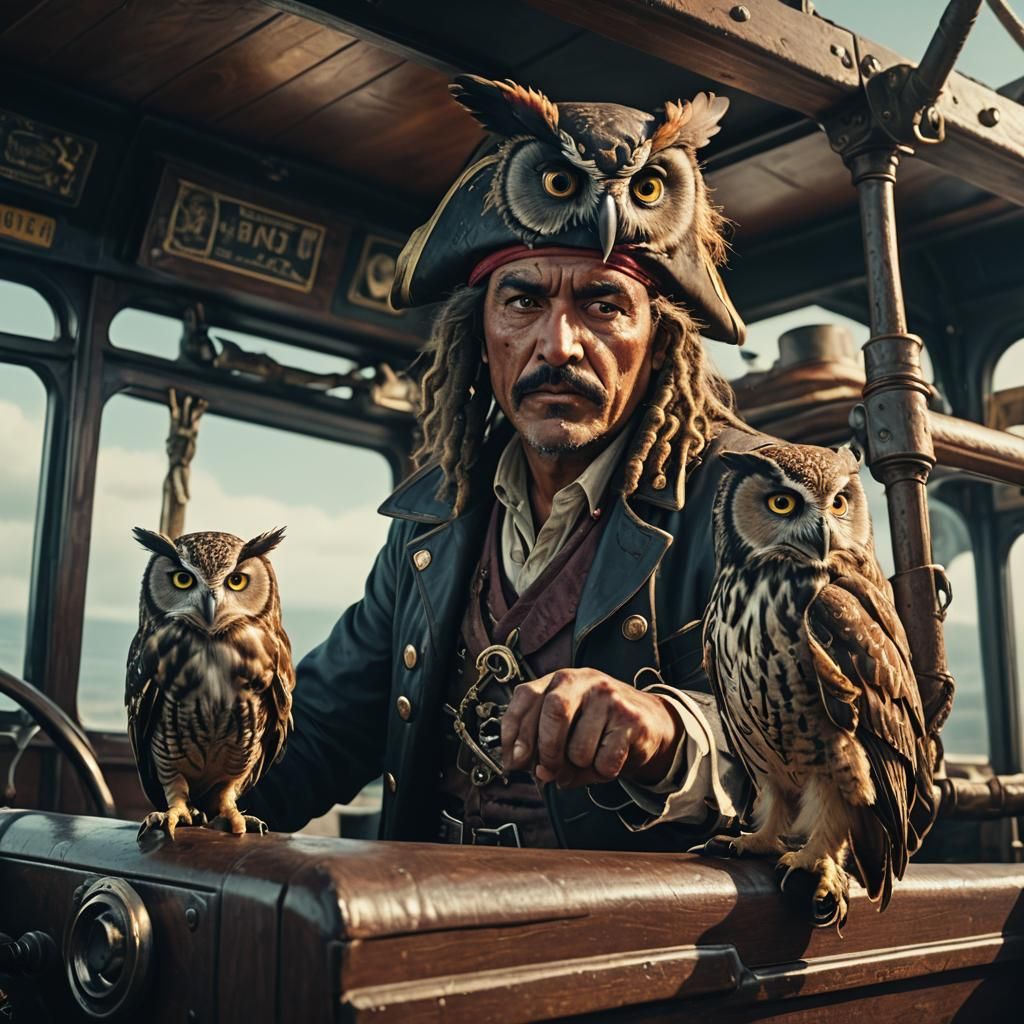 Bus Driver Captains Pirate Ship with Owl