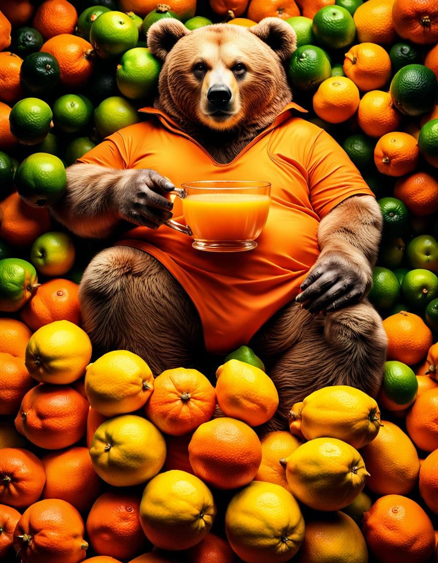 Hyperrealistic Citrus Bear Portrait in a Fruitscape