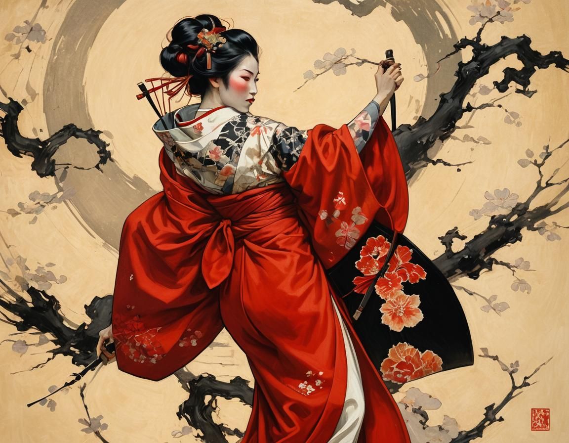 Elegant Geisha Fox in Vibrant Neo-Impressionist Style