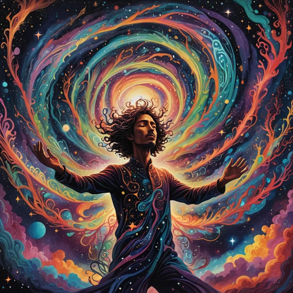 Cosmic Figure at Galaxy Center in Mixed Media Style