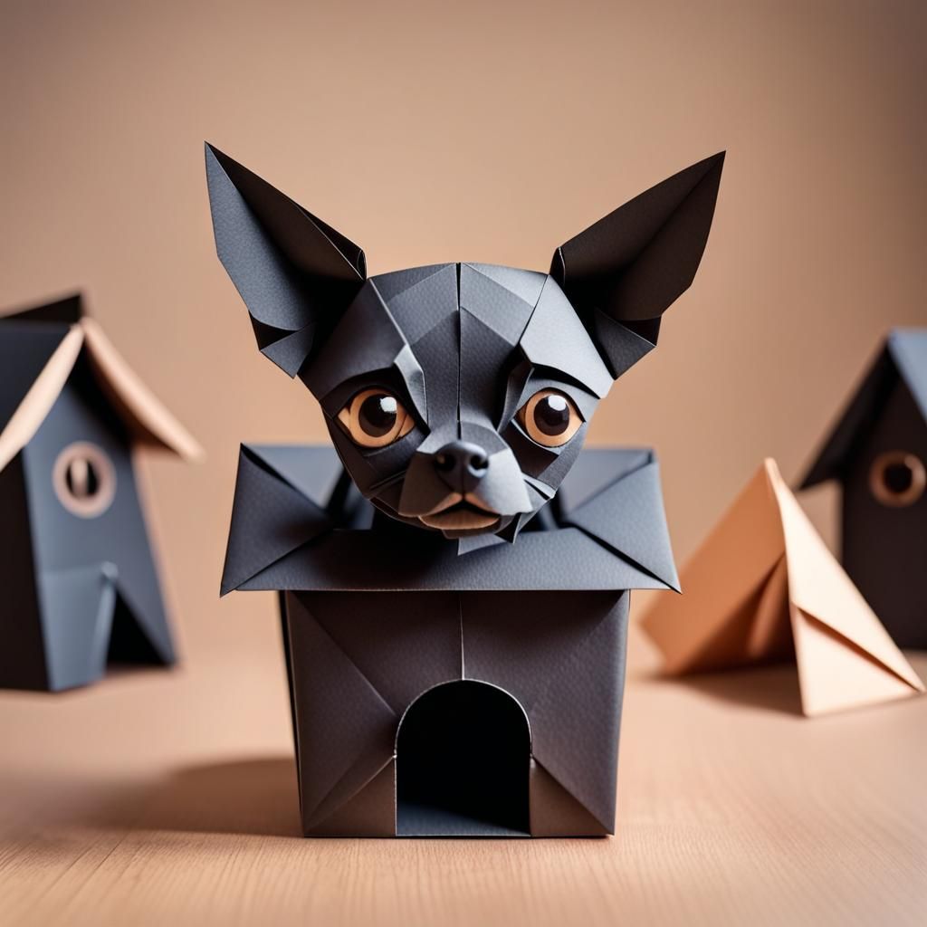Origami Black Chihuahua Dog Papercraft in 8K