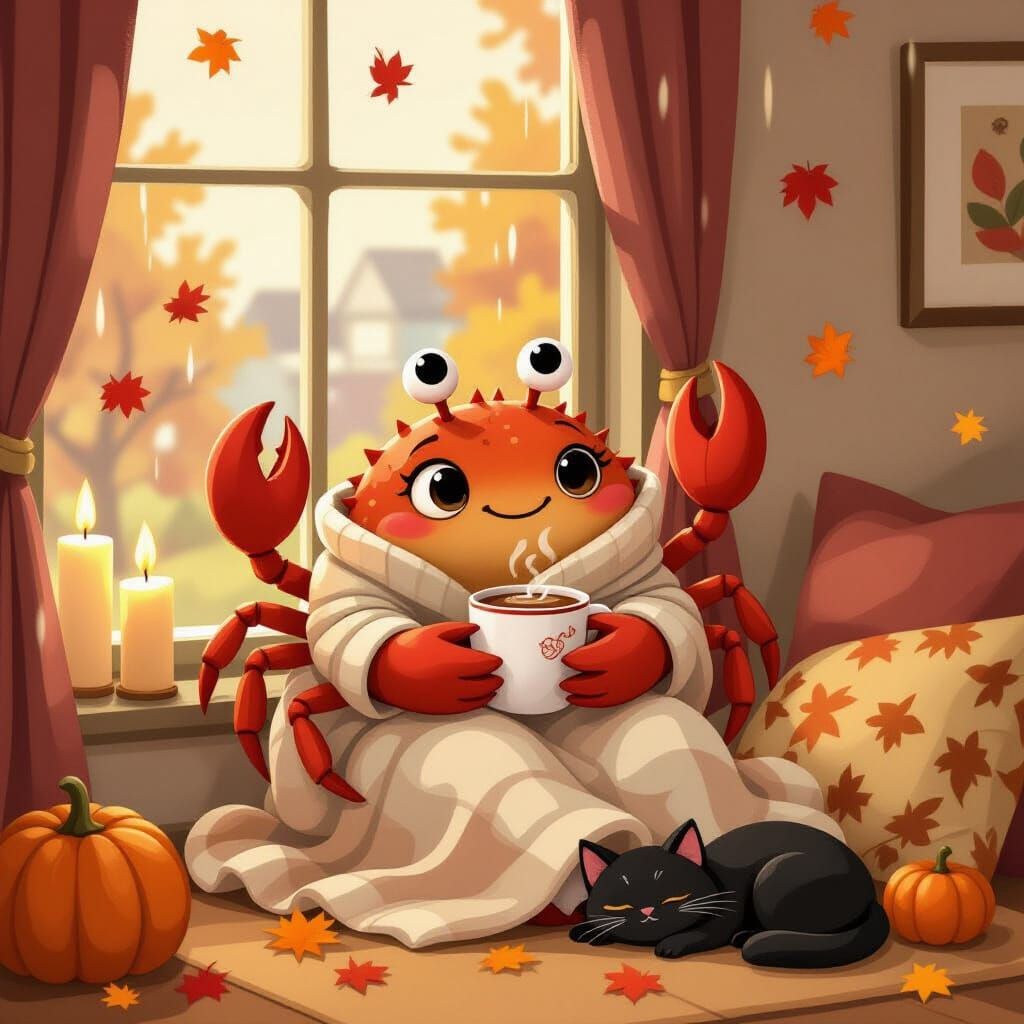 Cute Crab Character Symbolizing Cancer in Cozy Autumn Scene